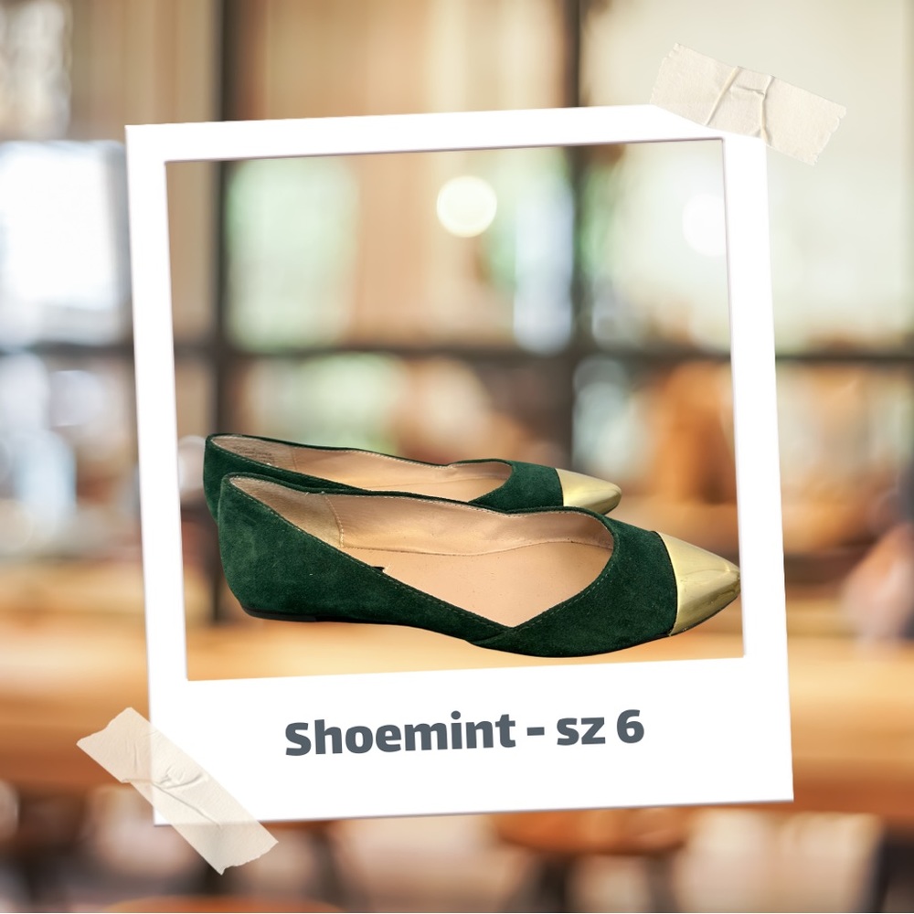 Darling Shoemint Emerald Green Suede Flats with Gold Tip - Size 6
